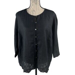 J Jill Love Linen Women's Plus Sz 3XL Black 100% Linen Button Lace Embrodiery